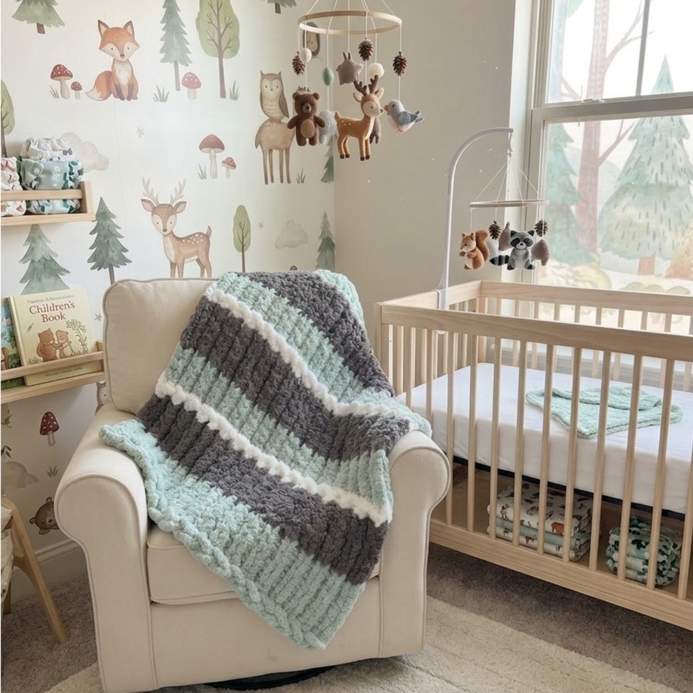 Super Cozy Baby Blanket, Thoughtful Shower Gift, Dark Grey, Mint & Crisp White,